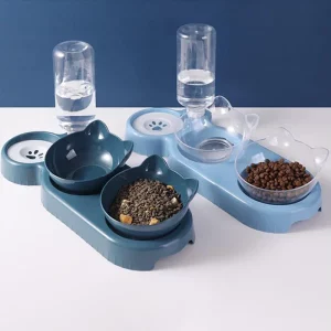 3-in-1 cat feeder with water dispenser and double bowls, front view