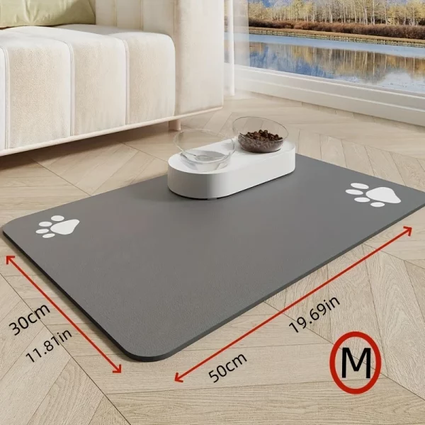 Pet feeding mat with a bowl of food and water placed on it.