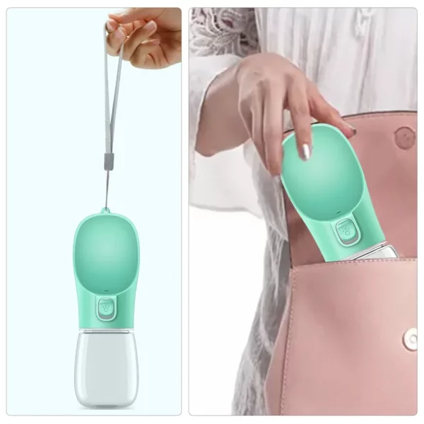 dog water bottle with lanyard, showing portability
