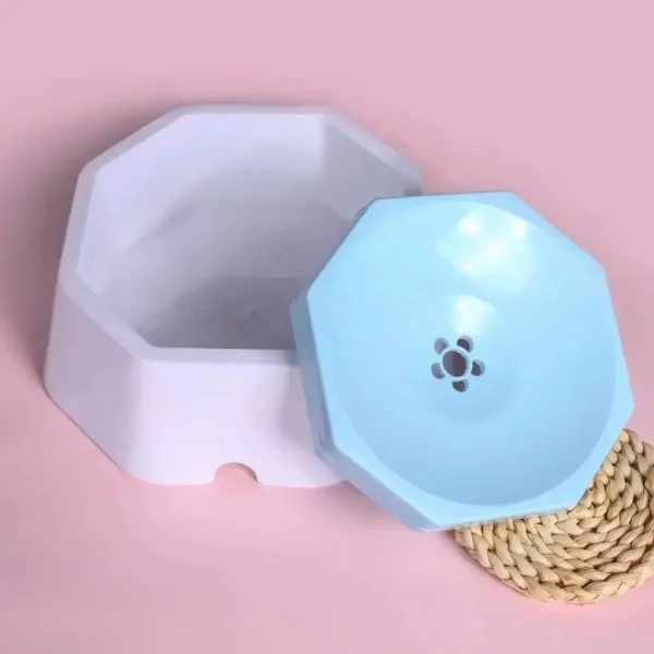 Overview of the anti-splash dog water bowl in use on a clean floor