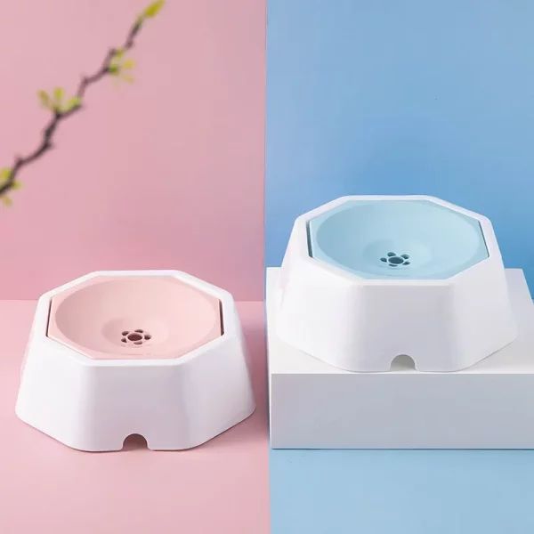 Pink anti-splash dog water bowl from a side angle