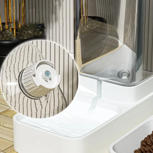 Pet feeder with transparent food storage container filled with kibble