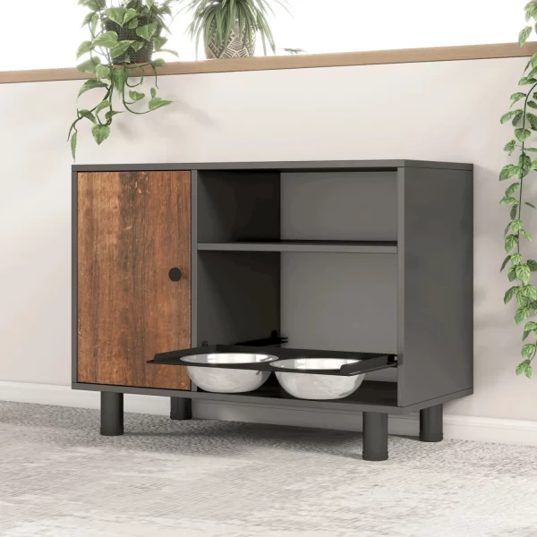 Side view of the pet feeding table showcasing the pull-out mechanism for dog bowls.