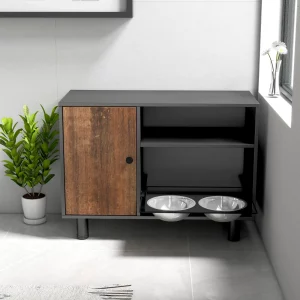 Front view of the large black pet feeding table with closed storage cabinet.