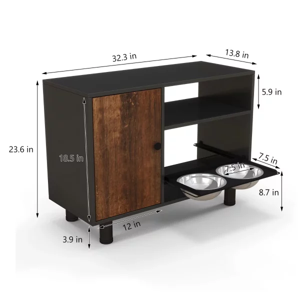 Detail shot highlighting the adjustable height feature for the dog bowls on the feeding table.