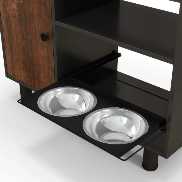 The large pet feeding table placed in a modern living room setting.