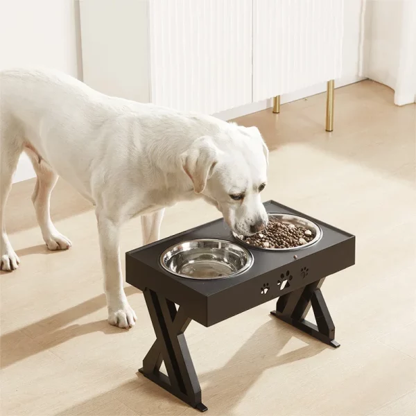 Adjustable double elevated dog bowls, front view, pet dining setup