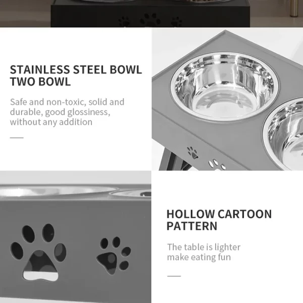 Adjustable double elevated dog bowls, bowls removed for cleaning, easy maintenance