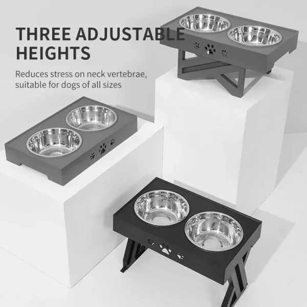 Adjustable double elevated dog bowls, dog using feeder, comfortable eating posture