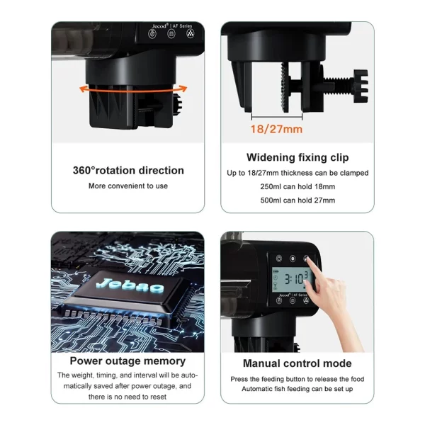 Automatic fish feeder with battery compartment open