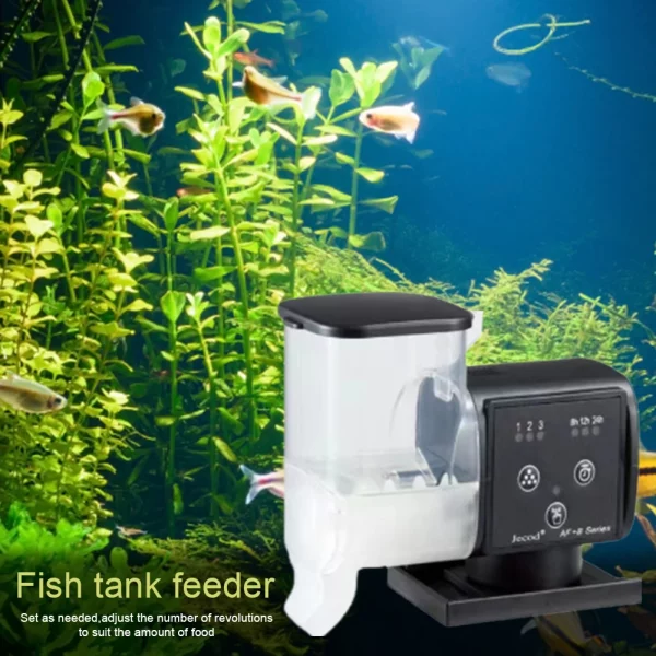 Multiple automatic fish feeders shown in a product display