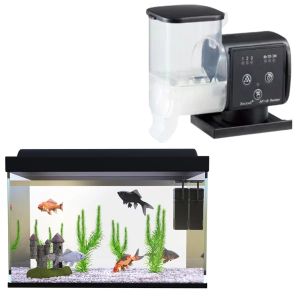 Automatic fish feeder with digital display, side view