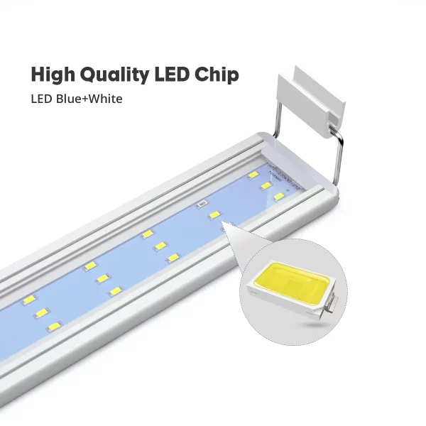 Aquarium LED light with clip-on bracket attached to glass