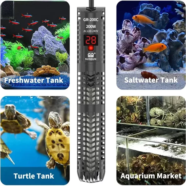 Fish tank heater with protective anti-collision shell, installed in aquarium