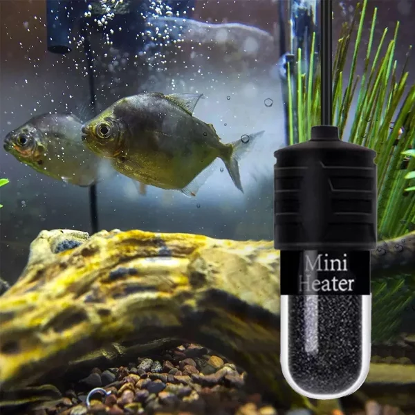 Digital display on the mini aquarium heater showing temperature setting
