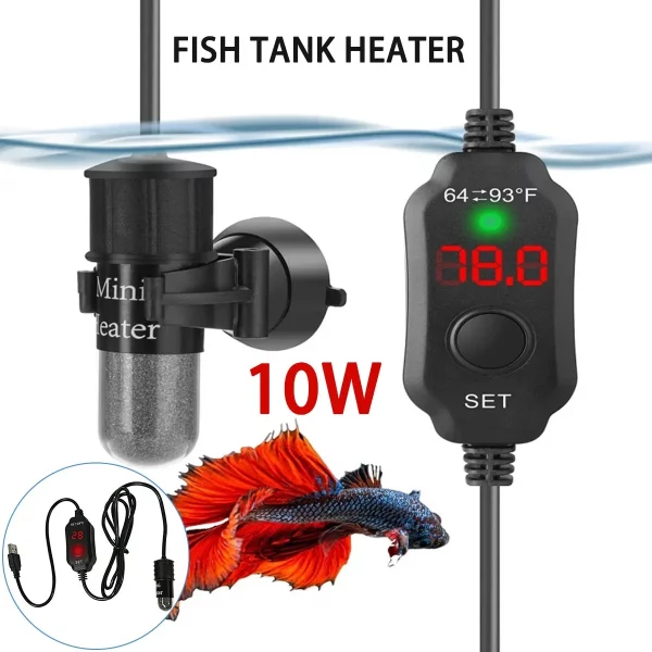 Mini aquarium heater submerged in a small fish tank