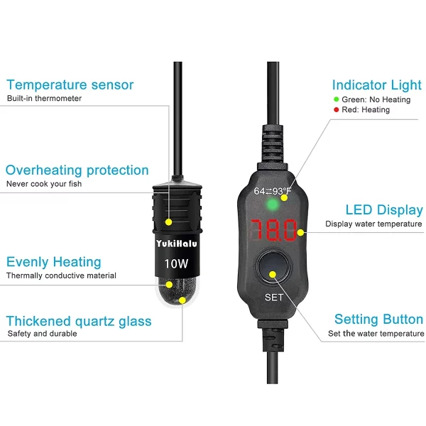 Mini aquarium heater shown with its power cable