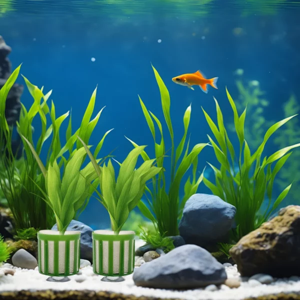 Aquarium plant fixing kit showing multiple pots and suction cups