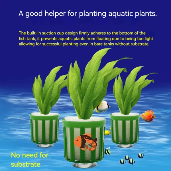 Aquarium plant pots attached to glass using suction cups