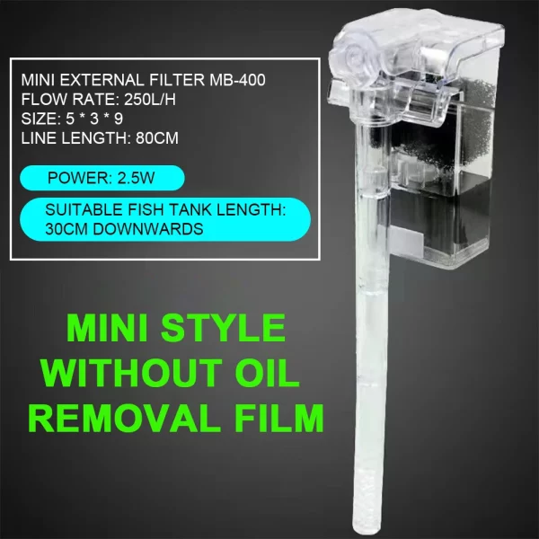 Compact design of the fish tank filter hanging on the aquarium rim.