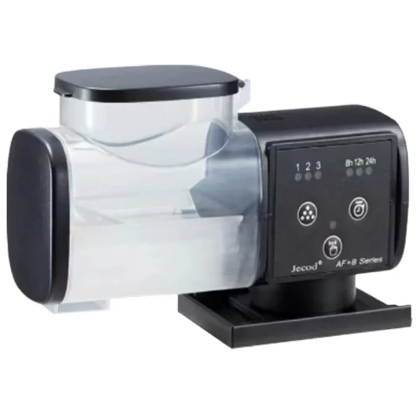 Close-up of the automatic fish feeder's digital display and controls