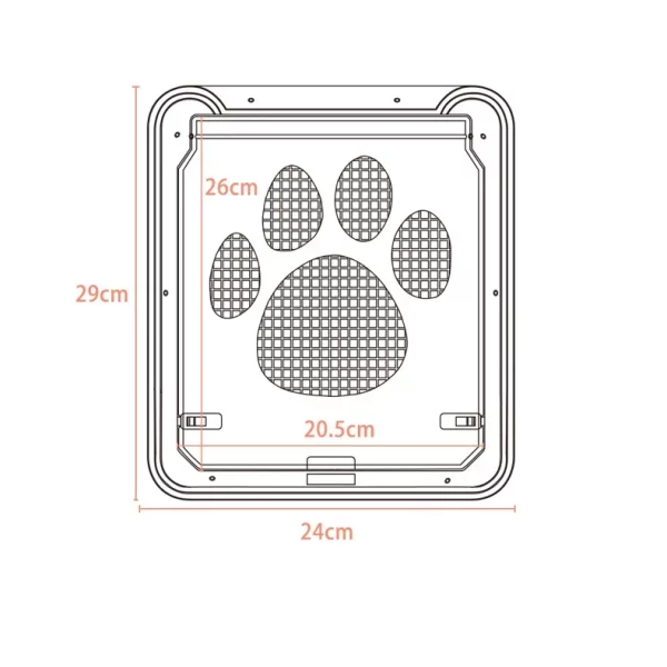 Side view of a lockable pet door installed in a screen