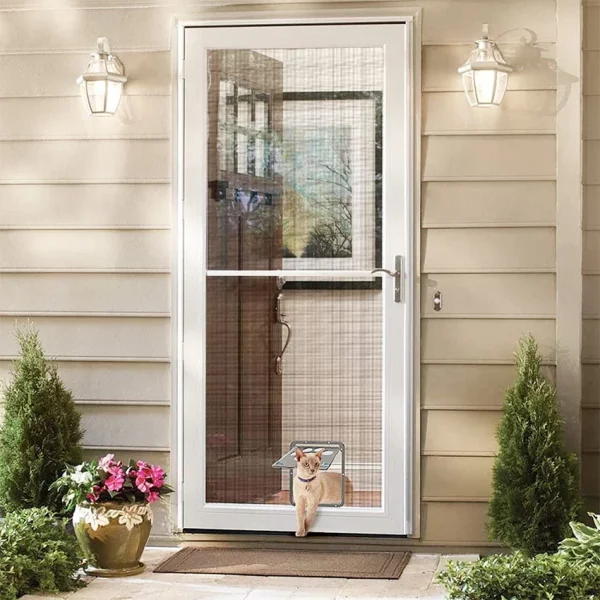 Black lockable pet door fitted into a white screen door frame