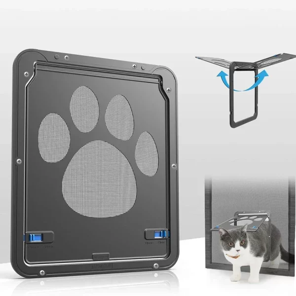 Cat using a black lockable pet door installed in a screen