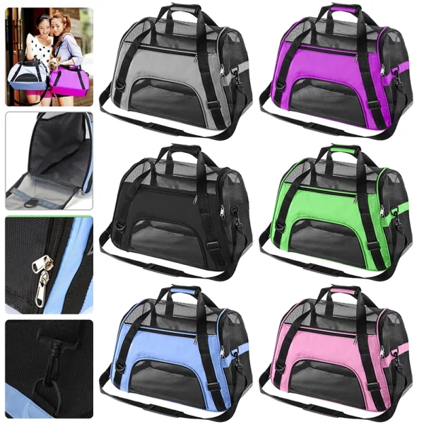 Front view of a portable pet carrier bag for cats and dogs