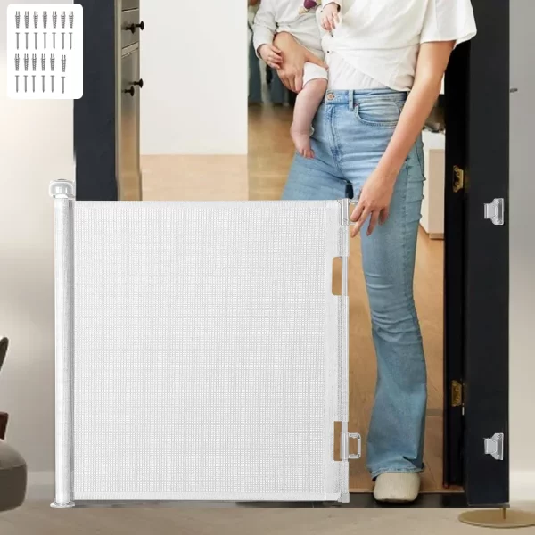 Retractable pet gate shown extended across a doorway