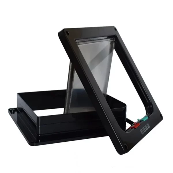 Detail shot of the durable plastic construction of the pet flap door.