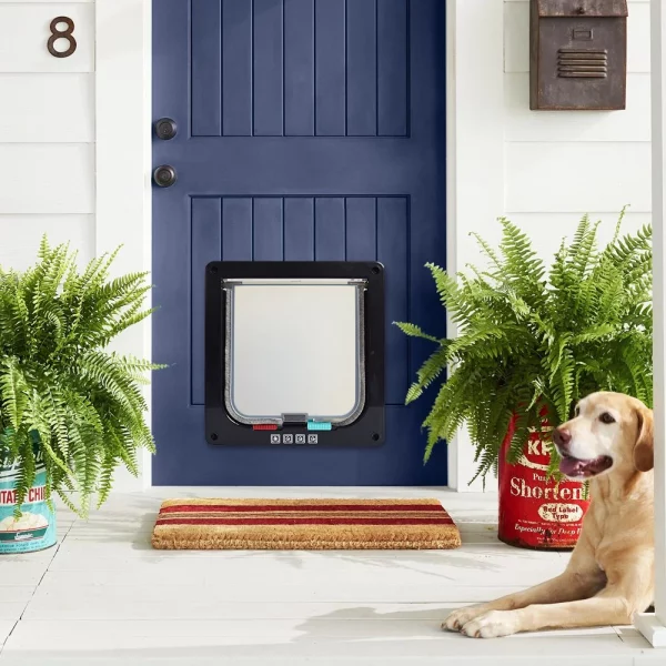 Cat using the transparent cat flap door to enter a room.