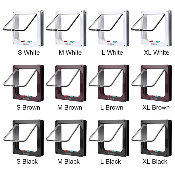 Diagram showing the different sizes (S, M, L, XL) of the cat flap door.