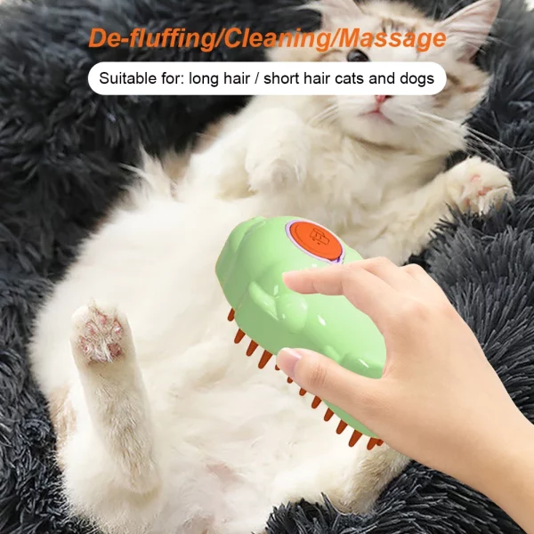 The steamy pet brush in use, demonstrating gentle steam mist on a pet's fur.