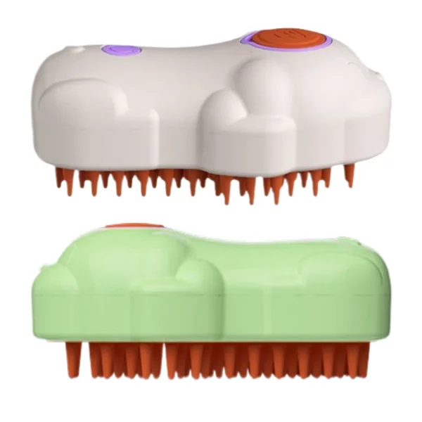 The steamy pet brush alongside a clean, well-groomed pet.