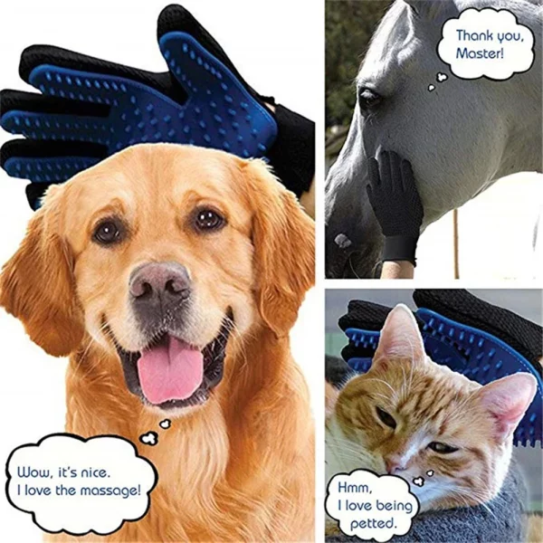 Green pet grooming glove, close-up of silicone texture
