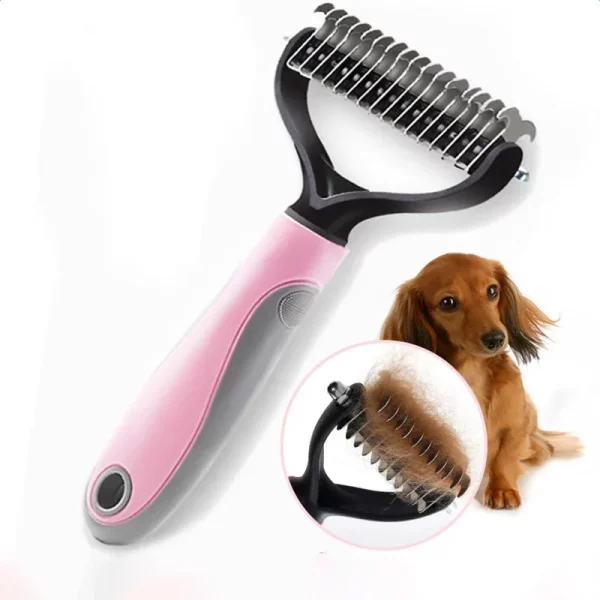 Dog grooming brush, close-up of blue handle and bristles, grooming a pet's coat
