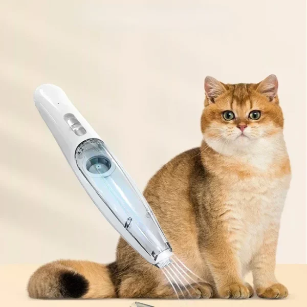 Pet hair grooming machine with LED light illuminating a paw area