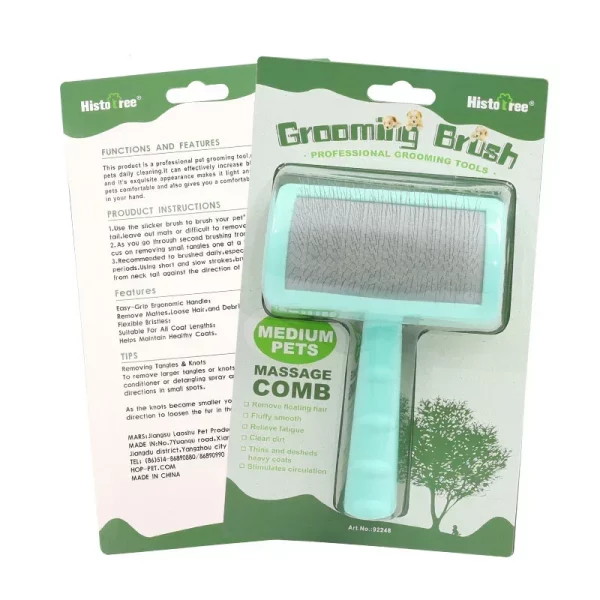 Collection of pet grooming brushes in different available colours: black, green, and pink.