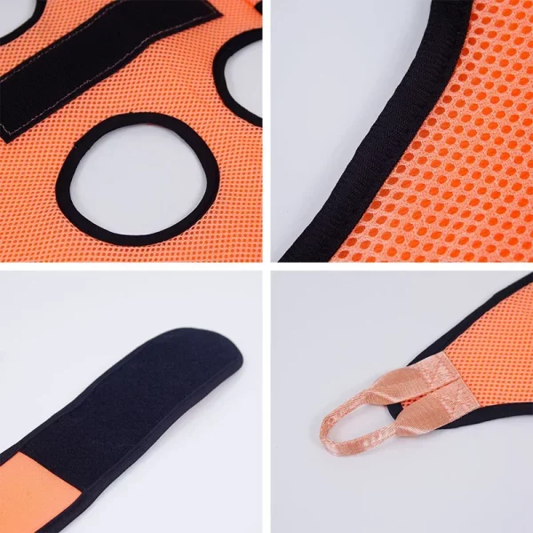 Full view of orange grooming hammock with a cat inside, demonstrating usage
