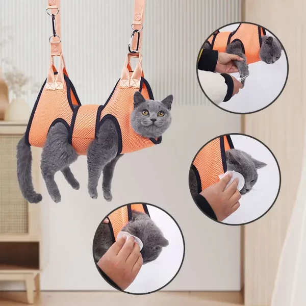 Cat secured in orange grooming hammock, side view, showing restraint
