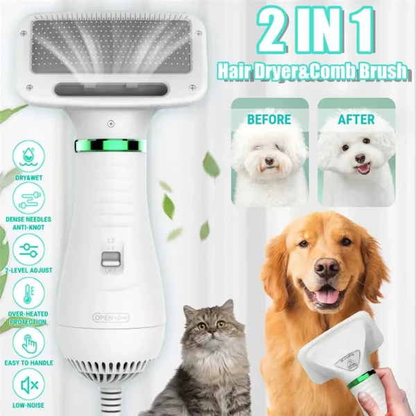 Pet grooming dryer with brush attachment, side profile