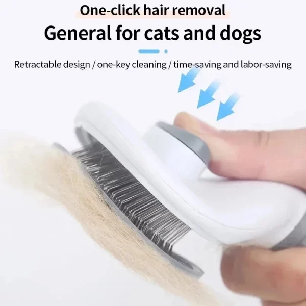 Close-up of self-cleaning button on pet grooming brush