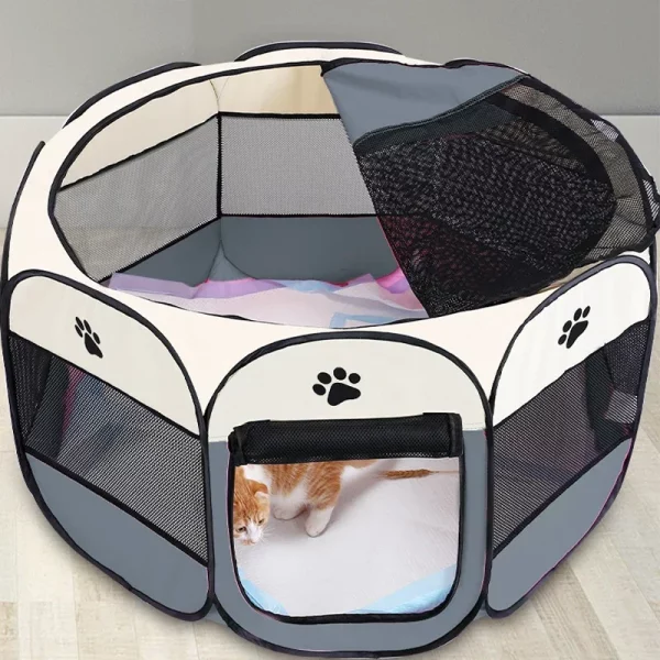 Portable dog cage, front view, set up for a small dog