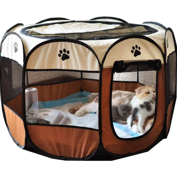 Foldable dog playpen, side view showing rolling door access
